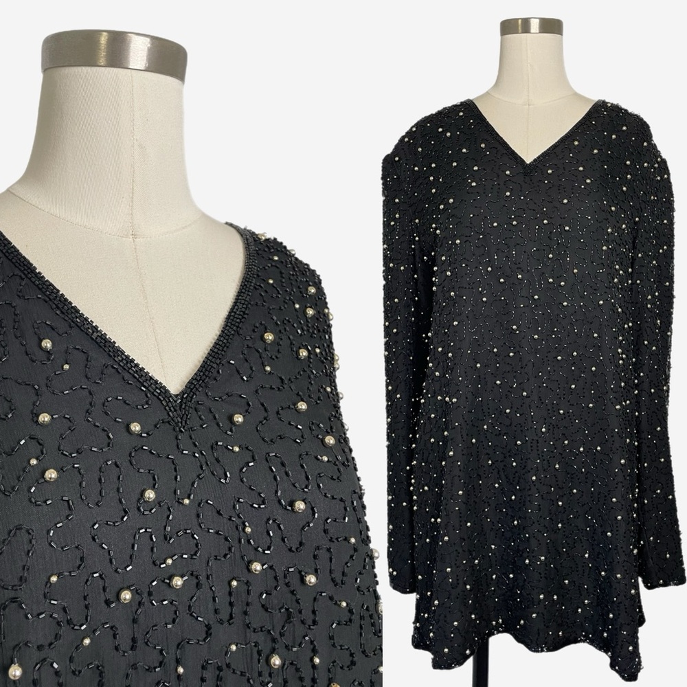 Vintage 90s Scala black silk beaded long sleeve tunic mini dress formal party M